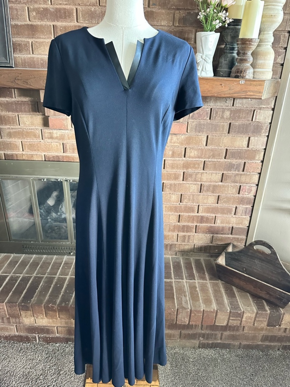 Lafayette 148 NY Navy Blue Faux Leather Trim Notch V-Neck Fit & Flare Dress M